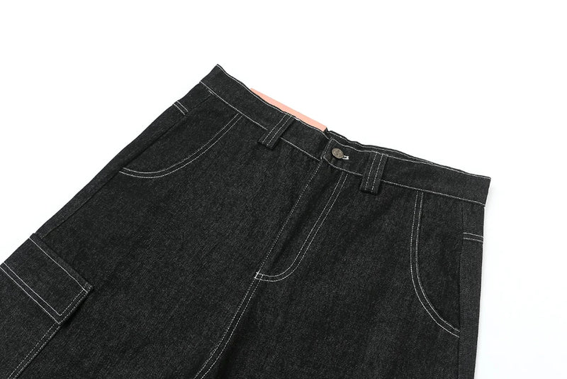 y2k streetwear multi pockets embroidery washed summer jeans shorts for men wide leg baggy casual denim over knee length pants unique jeans style 4743