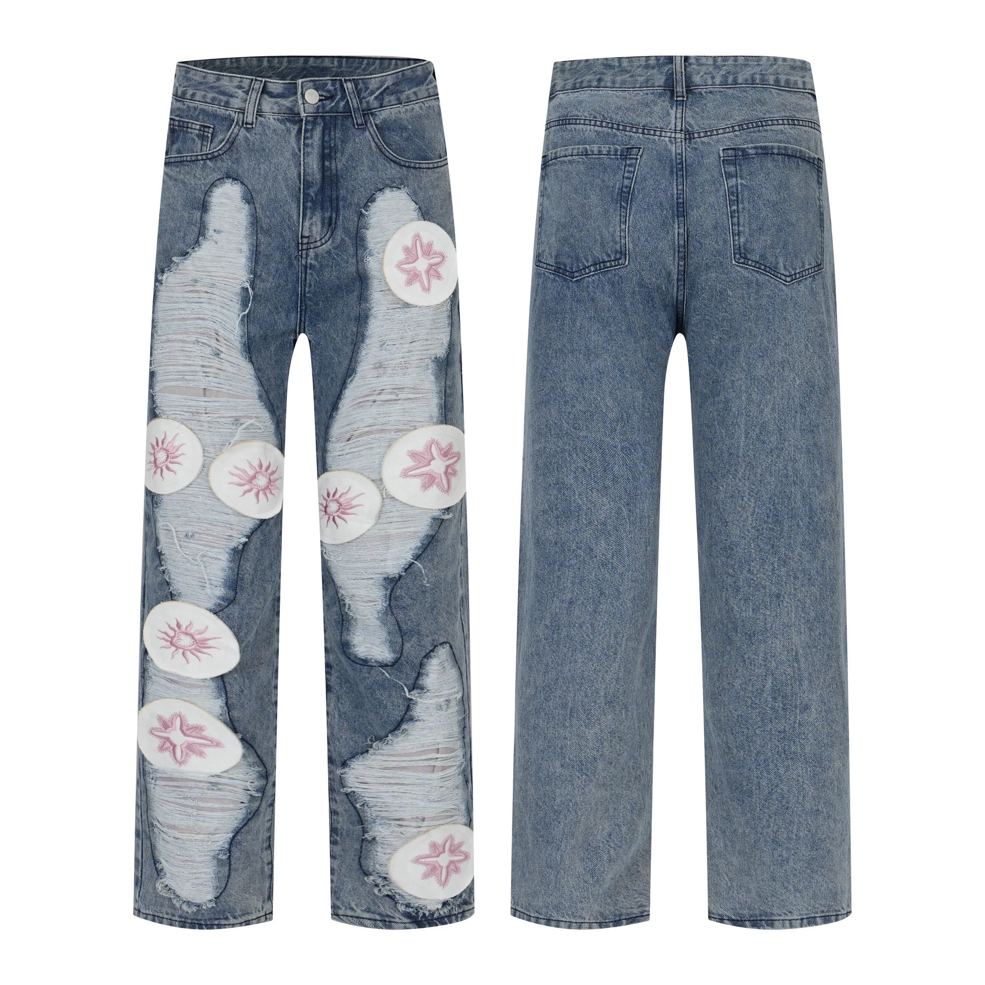 harajuku y2k stars embroidery patchwork ripped holes denim jeans casual straight jean pants mens hip hop streetwear jeans pants unique jeans style 2547