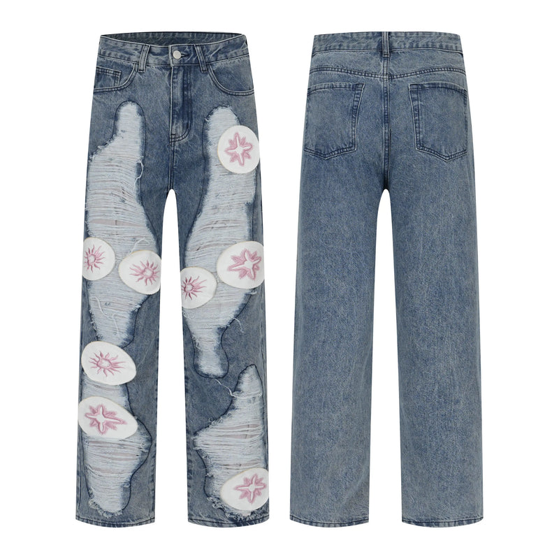 harajuku y2k stars embroidery patchwork ripped holes denim jeans casual straight jean pants mens hip hop streetwear jeans pants unique jeans style 2547