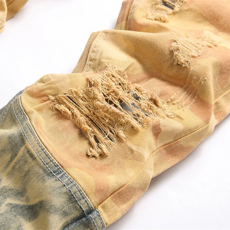 men fashion slim ripped jeans color block patchwork trend denim pants streetwear hip hop jeans trousers for male vintage washed jeans