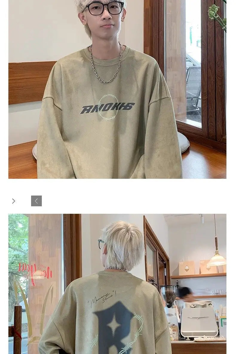 Korean Personalized Street Buckskin Sweatshirt for Men in Autumn and Winter New Trendy Y2K American Retro Student Round Neck Top