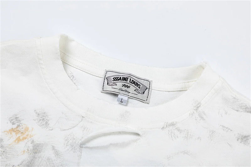 sssaint Louis Vintage Dirty Worn Distressed Cross Print High-Street Graffiti Long Sleeve T Shirt Pullover Summer