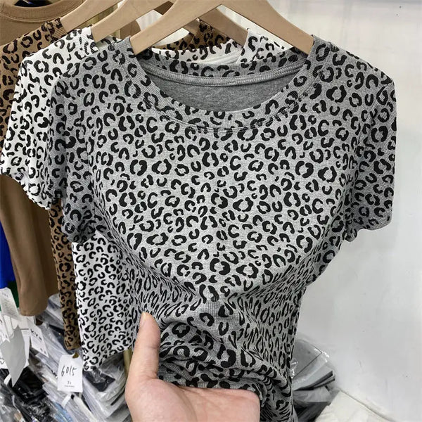 Gothic Streetwear – Classic Khaki Leopard Vintage Mini T Shirts Crop Tops Slim S – Modern Streetwear for Everyone