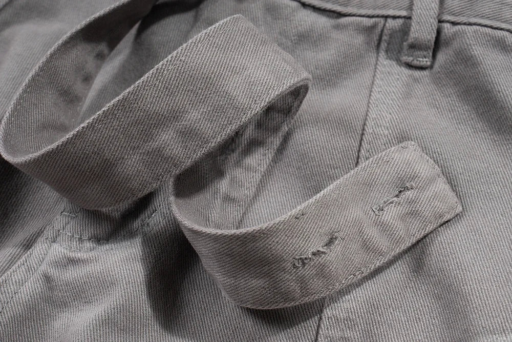 streetwear big pockets sashes pleated baggy jeans for men and women washed straight casual cargo pants oversize denim trousers unique cargo style 154