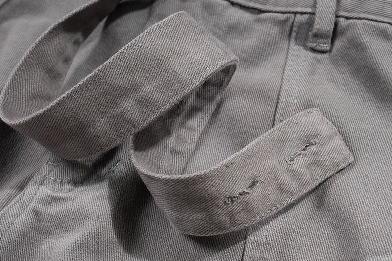streetwear big pockets sashes pleated baggy jeans for men and women washed straight casual cargo pants oversize denim trousers unique cargo style 154