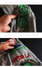 skull graffiti printed ripped denim jeans hip hop distressed biker jeans fashion streetwear slim pants joggers y2k men s jeans unique joggers style 311