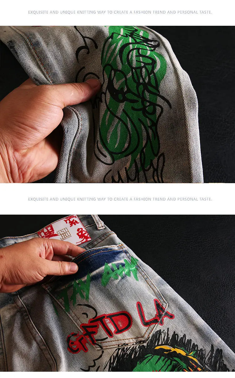 skull graffiti printed ripped denim jeans hip hop distressed biker jeans fashion streetwear slim pants joggers y2k men s jeans unique joggers style 311