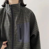 Autumn Japanese Retro Loose Casual Stand Up Collar Checked Jacket Mens