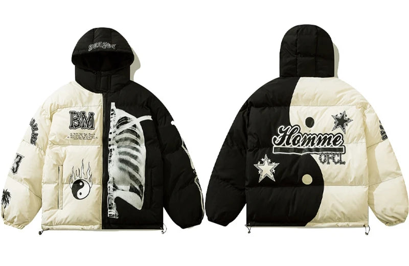 rainbowtouches mens winter parka jacket skeleton print streetwear outwear harajuku padded hooded loose warm coat unisex nan f - variant style 46ddf8 for streetwear fashion