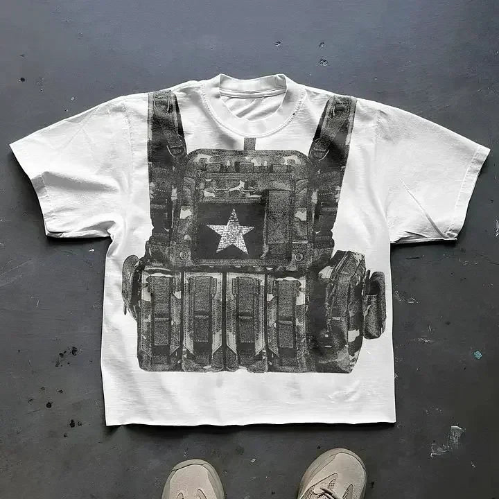 Harajuku Streetwear Y2K New T shirt Men Hip Hop Bulletproof Vest Graphic Print Oversized Cotton Short Sleeved Casual Tops Tees