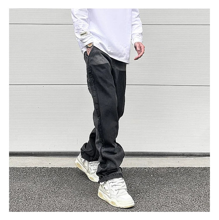 patchwork design denim flare jeans pants men casual zipper straight biker trousers jeans fashion streetwear hip hop jean joggers unique joggers style 2601
