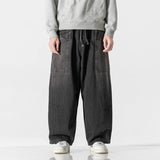 large size jeans basic denim pants solid color mens casual wide leg pants waist elastic hip hop baggy man trousers unique jeans style 378