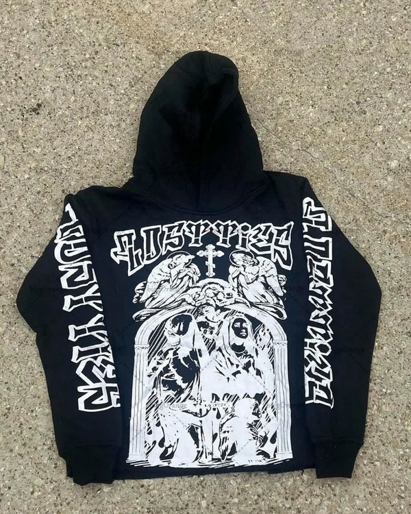 Fashionable Gothic Angel Pattern Letter Print Oversized Hoodie Womens