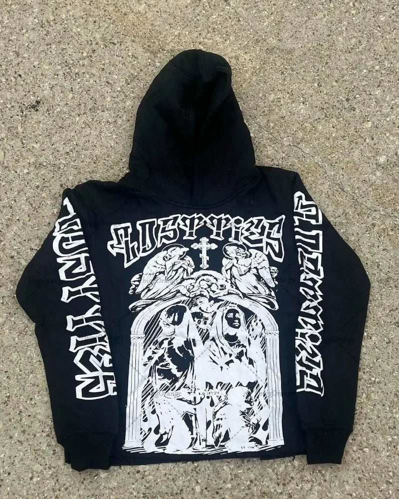 Fashionable Gothic Angel Pattern Letter Print Oversized Hoodie Womens