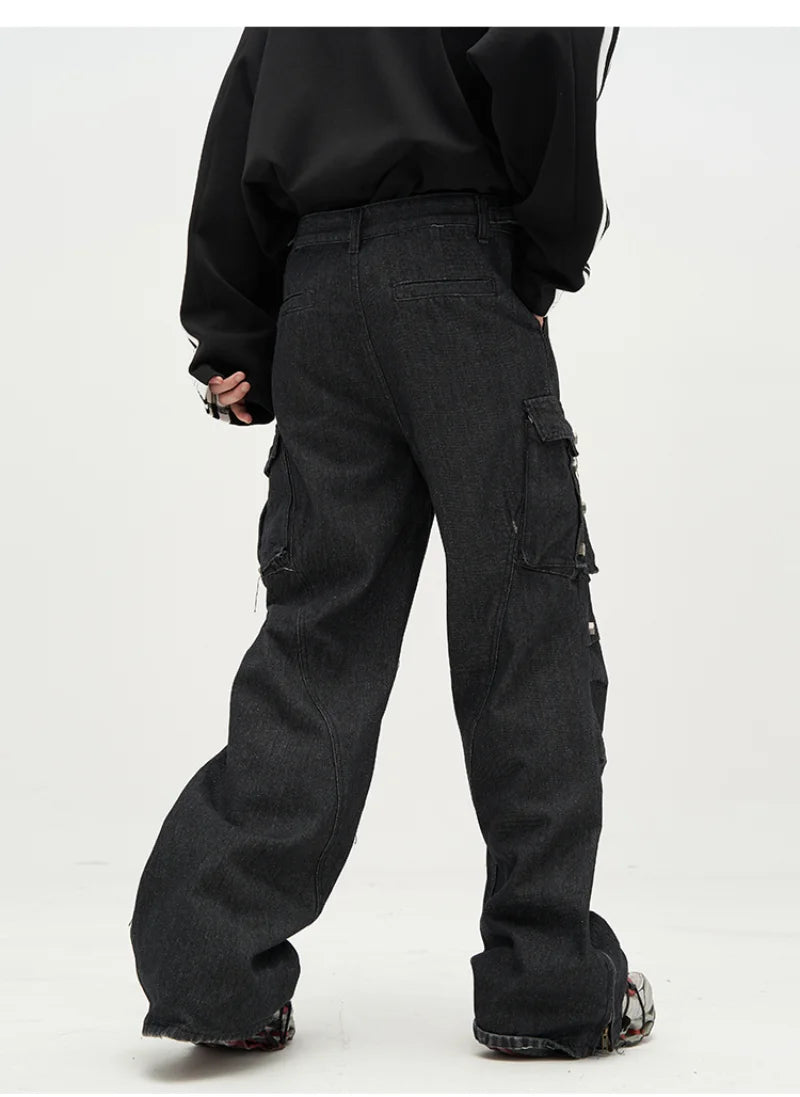 punk rivet denim jeans pants mens 2023 harajuku streetwear bottom zipper cotton casual oversize joggers straight pants trousers relaxed fit joggers