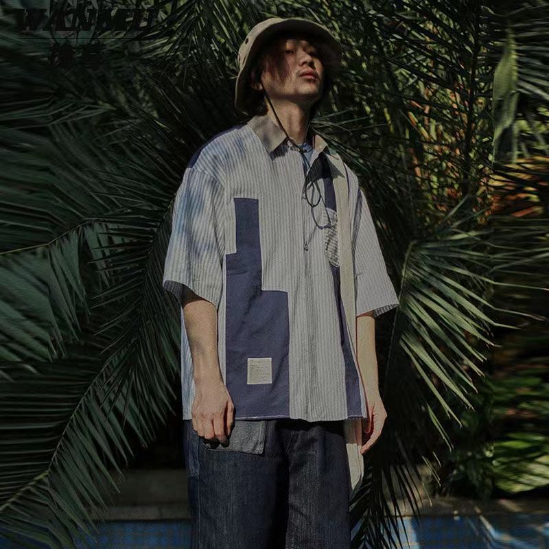 2023 Summer New Light Luxury Fashion Tooling Short-sleeved Shirt Men Loose Couple Casual Striped Shirt Boutique Clothing