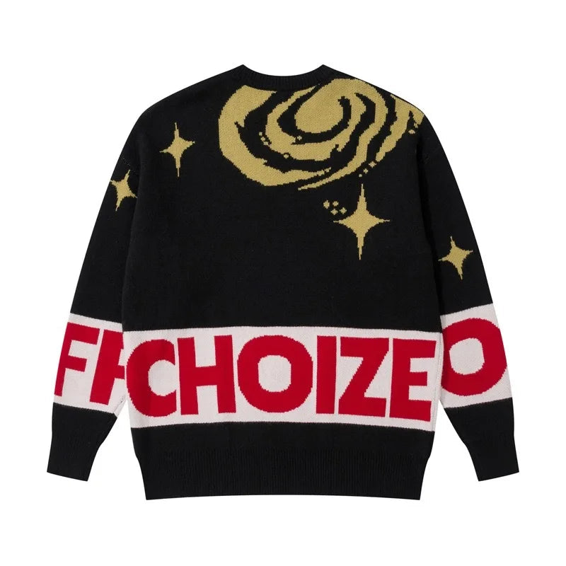 men sweater fashion abstract pattern harajuku streetwear hip hop letter knitted o neck sweater unisex loose knit sweater jumpers - urban fashion pullover, trendy hip hop fashion hoodie, Y2K grunge street style