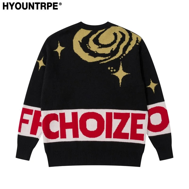 men sweater fashion abstract pattern harajuku streetwear hip hop letter knitted o neck sweater unisex loose knit sweater jumpers - urban fashion pullover, trendy hip hop fashion hoodie, Y2K grunge street style