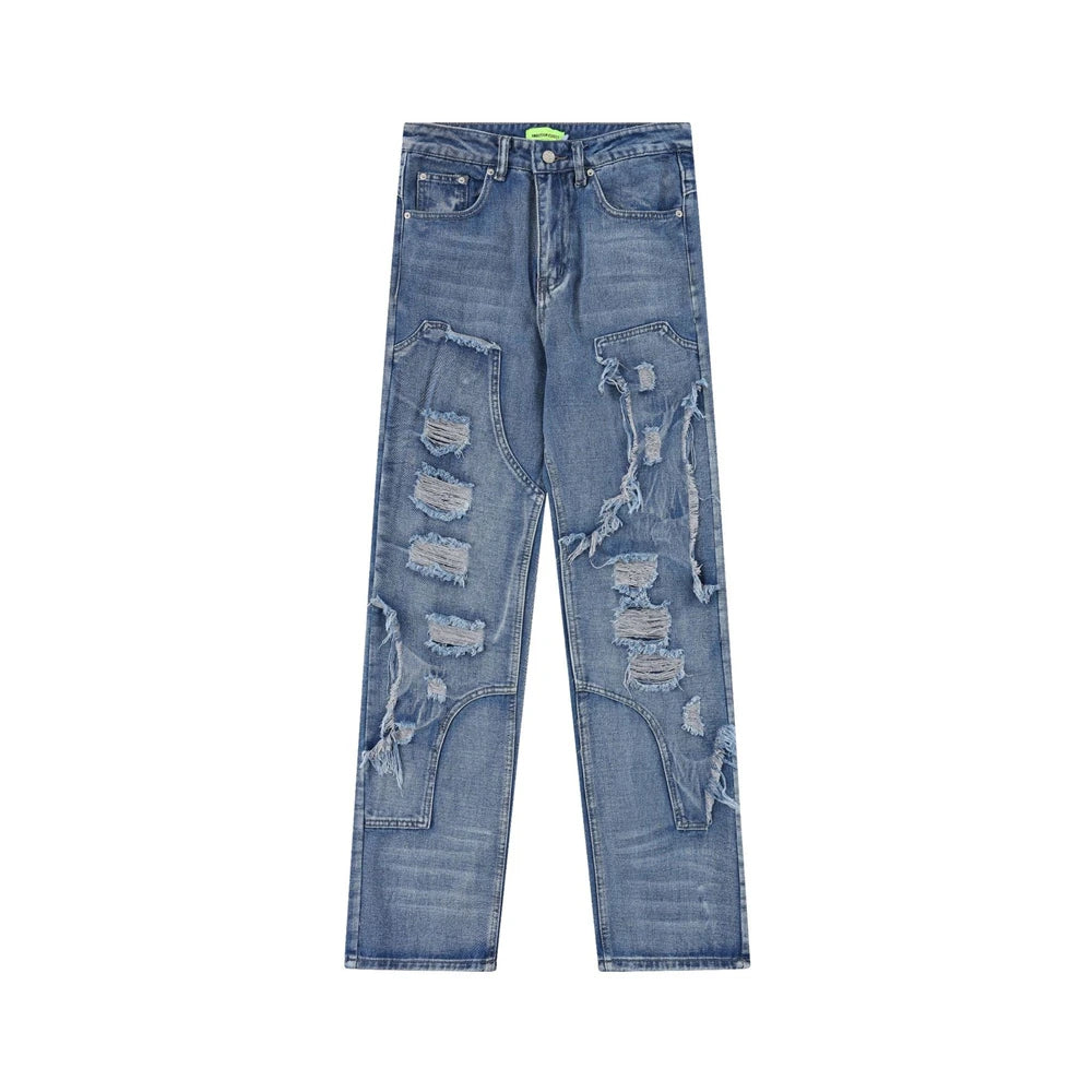 2024 ripped jeans high street straight trousers destroyed hole baggy denim pants vintage retro hip hop unique jeans style 406