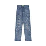 2024 ripped jeans high street straight trousers destroyed hole baggy denim pants vintage retro hip hop unique jeans style 406