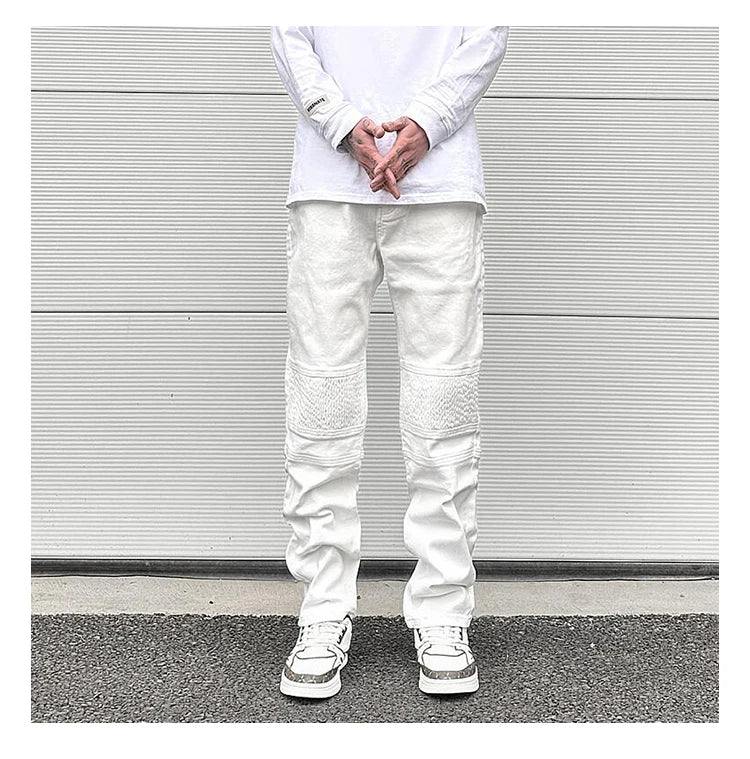 high street white knee pleated vertical stripe elastic fit skinny jeans male casual small leg jeans pants slim mens clothing unique jeans style 3658
