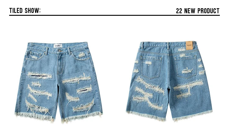 Mens Fashion Denim Jean Shorts Summer Casual Destroyed Ripped Destressed Holes Loose Shorts Hip Hop Streetwear Shorts Joggers
