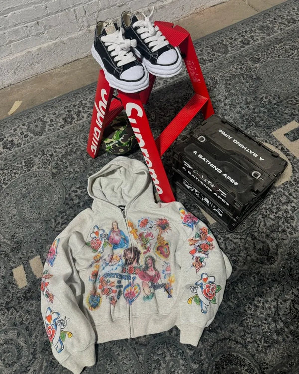 American Street Goth Harajuku Cartoon Print Oversized Sweatshirt Men Y