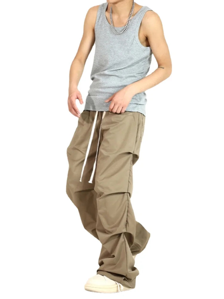 side fold baggy pants men casual elastic waist straight trousers streetwear new fashion drawstring unisex hip hop pants joggers streetwear sweatpants
