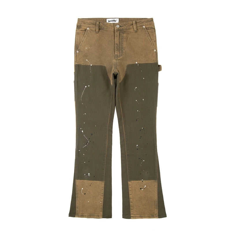 swag hip hop speckle ink flare jeans streetwear patchwork mens cargo jean pants washed logging trousers jeans male jeans overall unique cargo style 282