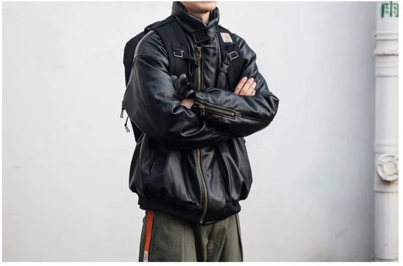 japanese street motorcycle set men thickened stand collar hip hop leather jacket harajuku casual pants 2 pcs bomber suit 2023 unique default style 4898