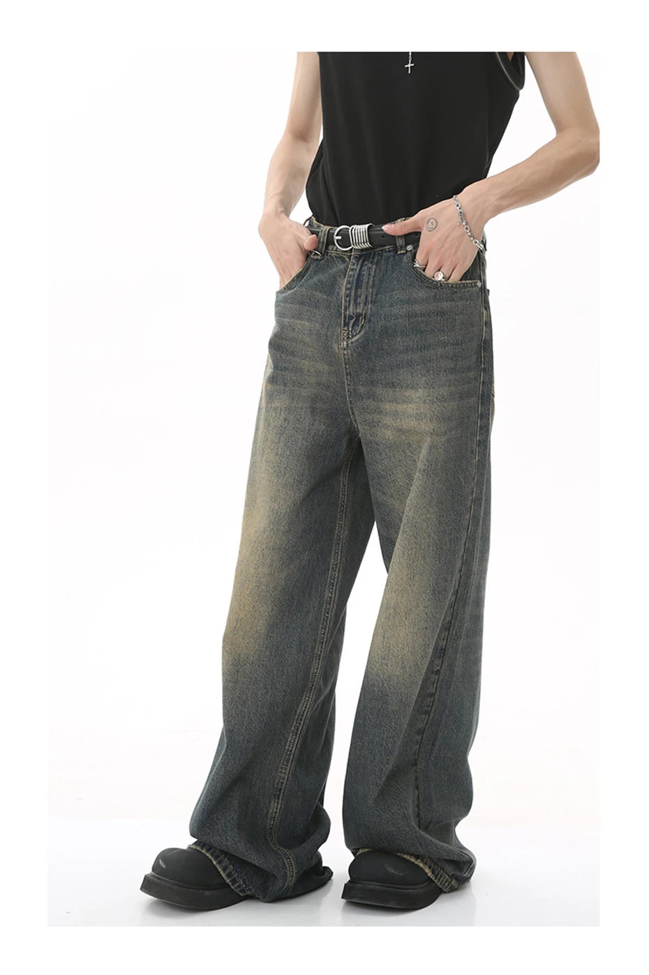 mens vintage blue baggy jeans male black loose straight denim pants y2k casual jeans trousers unique jeans style 161