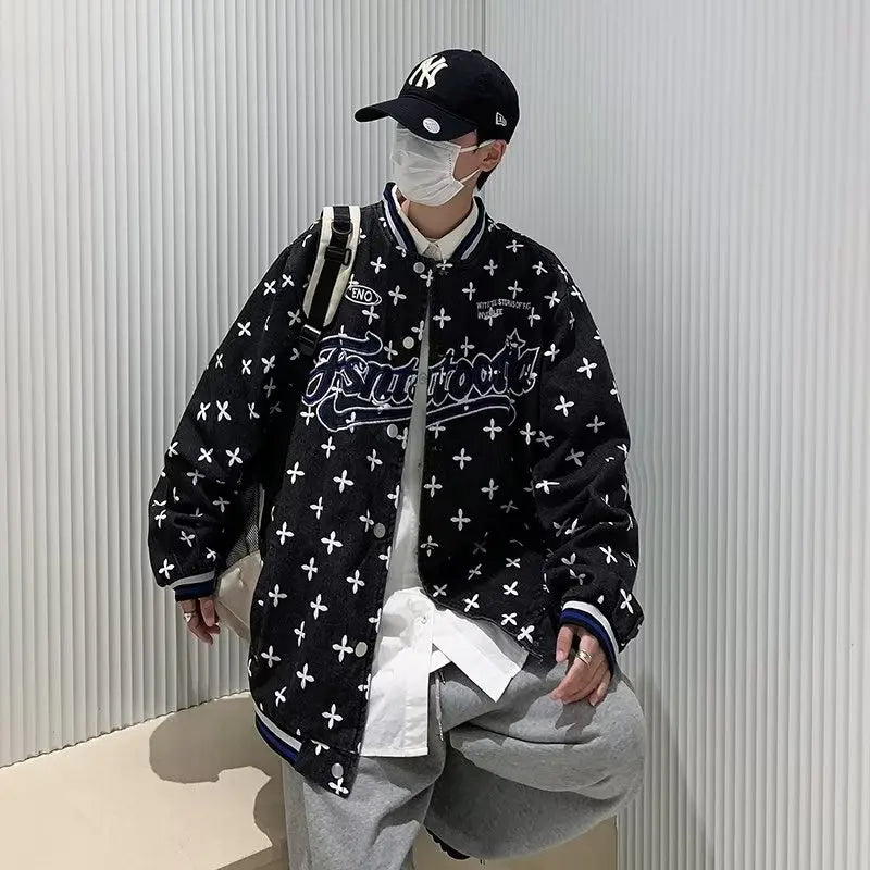 checkered varsity coat, layered streetwear look, trendy