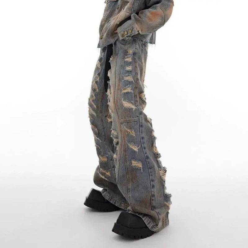 mens denim jacket jeans wilderness construction site style distressed washed holes street wear fashion versatile mens wear 2024 unique jeans style 205