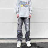 high street black washed straight jeans lowrise hip hop ripped jeans pants for men baggy vintage fashion wide denim pants women unique jeans style 5362