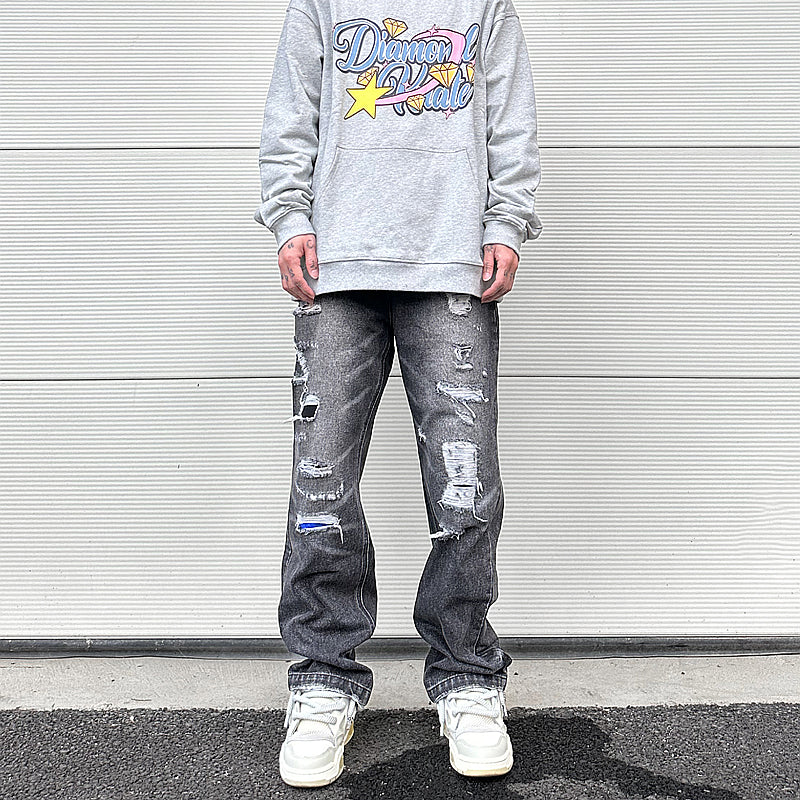 high street black washed straight jeans lowrise hip hop ripped jeans pants for men baggy vintage fashion wide denim pants women unique jeans style 5362
