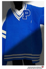 leather varsity streetwear knit with bold stitching, fall/winter pullover for urban outfits, men’s streetwear clothing piece 