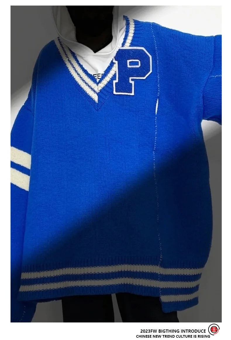 leather varsity streetwear knit with bold stitching, fall/winter pullover for urban outfits, men’s streetwear clothing piece 