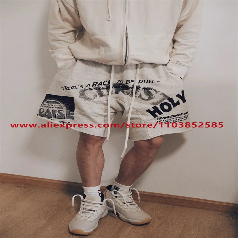 2024 American Heavyweight Vintage Men's Shorts With Letter Print Drawstring Loose Casual High Street High Quality