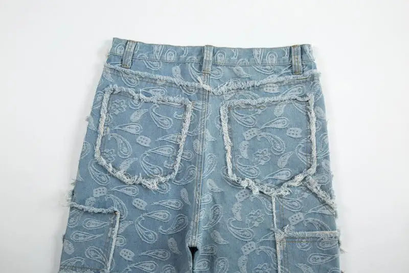 men distressed ripped patchwork paisley denim jean trouser fashion zipper biker jeans streetwear flare pants loose joggers jeans unique joggers style 5045
