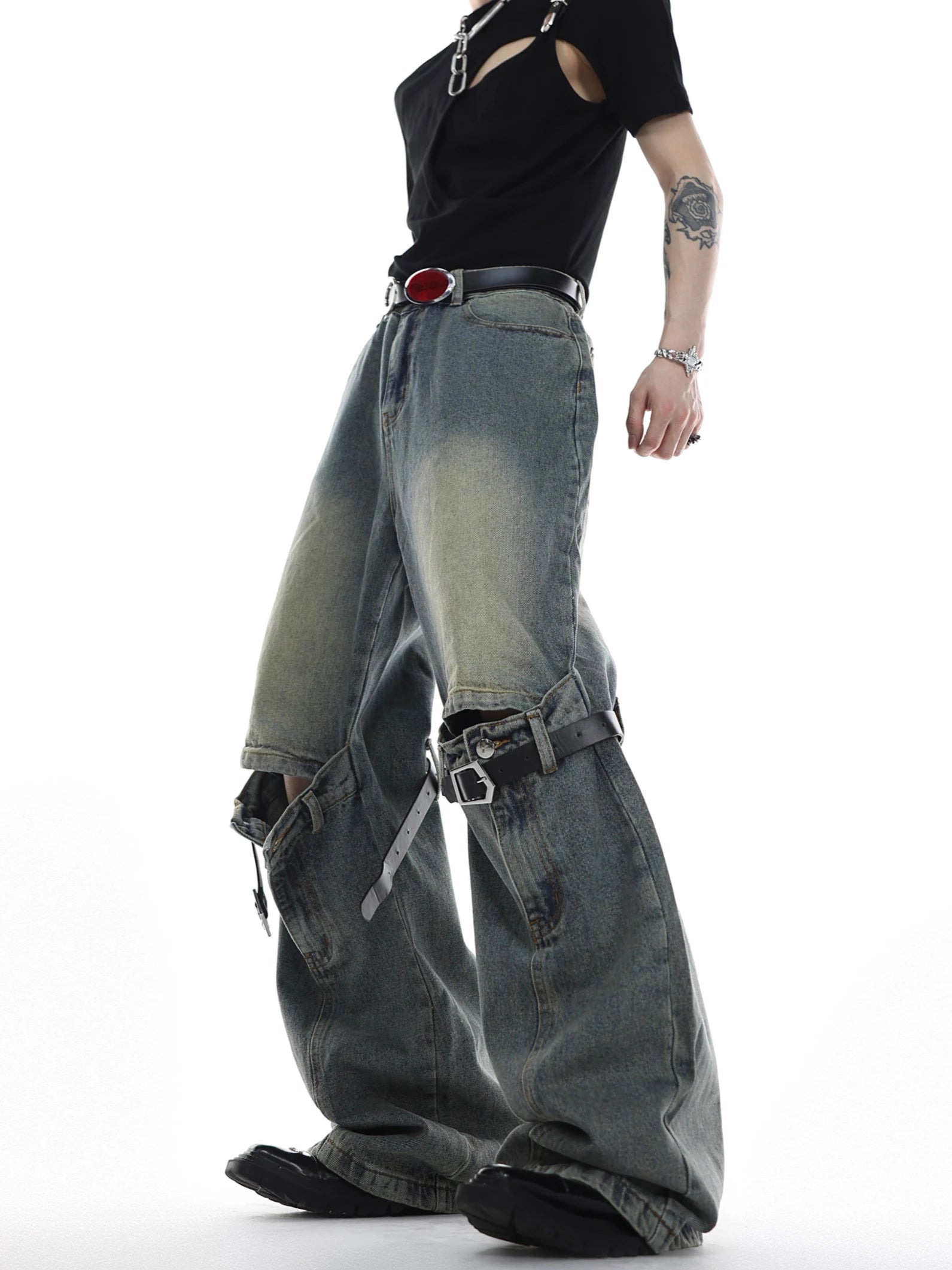 mens knee patchwork belts denim jeans unisex hip hop fashion streetwear harajuku loose flare straight y2k jean pants joggers unique joggers style 4290