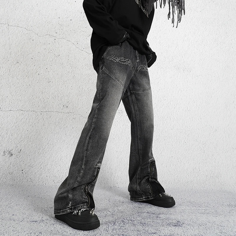 2023 dark streetwear totem embroidery vintage baggy men jeans pants feet zipper straight hip hop punk denim trousers ropa hombre unique jeans style 1761