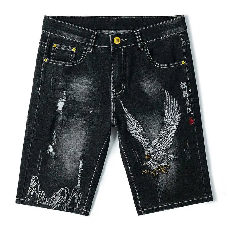 Summer Embroidered Eagle Denim Shorts Men's Summer Thin Fit Good Quality Ripped Five Points Pirate Shorts