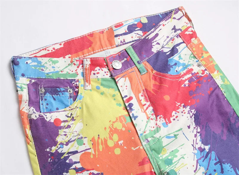 fashion colorful graffiti printed jeans printed denim pants men biker zipper jeans streetwear slim fit y2k hip hop pants joggers unique joggers style 2461
