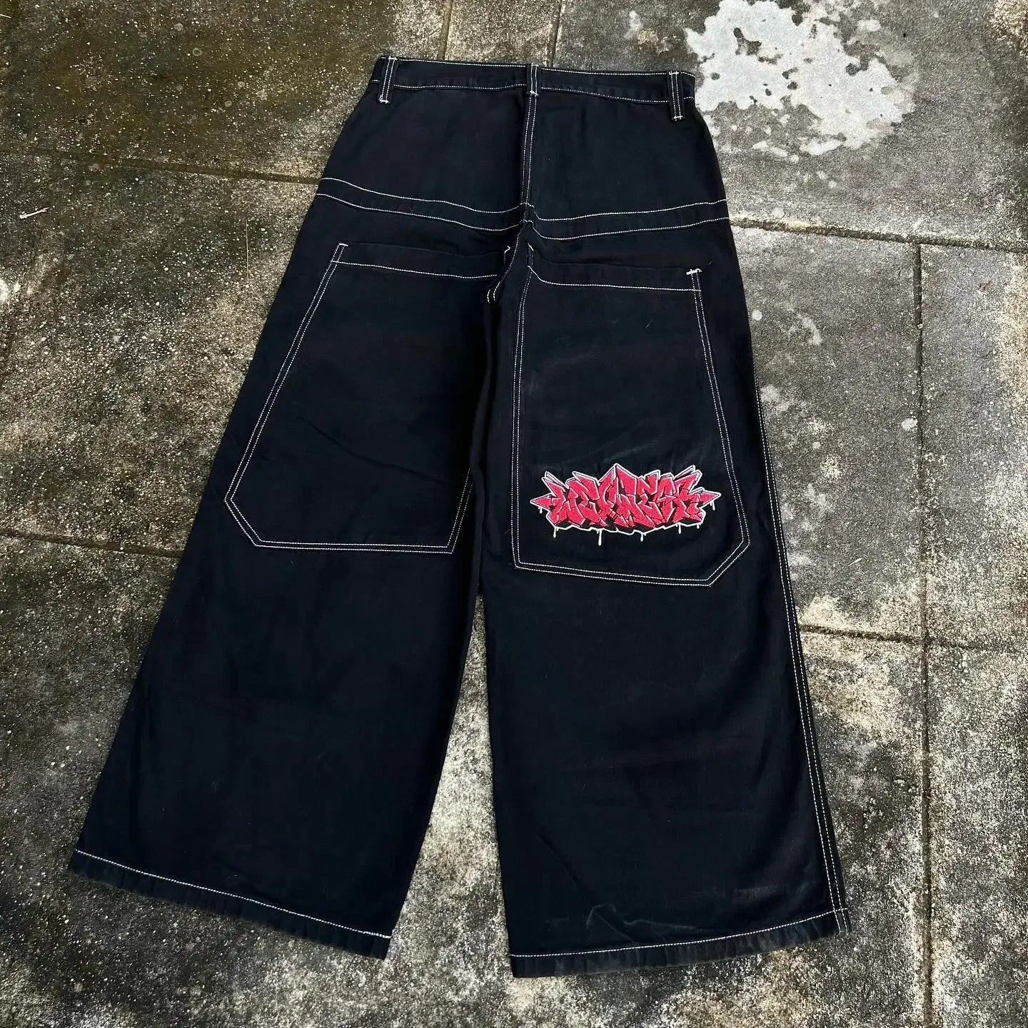 harajuku black pants hip hop retro men women gothic high waist wide trouser graphic embroidered baggy jeans streetwear y2k jeans unique jeans style 1991