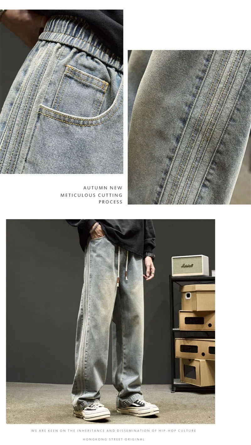 elastic waist baggy jeans for men side striped wide leg denim pants korean fashion casual trousers y2k vintage jean hombre unique jeans style 3247