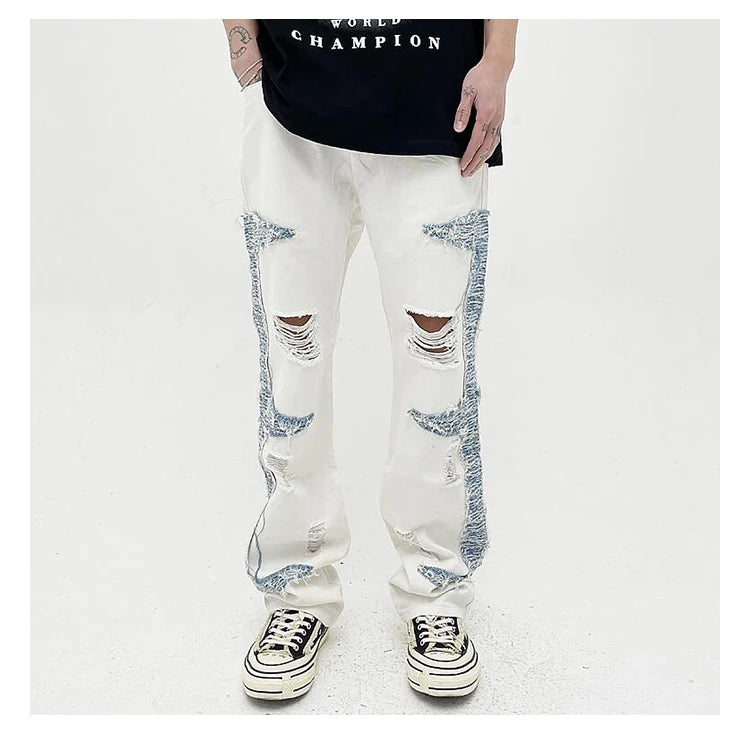 mens high street denim jean pants casual loose destroyed ripped holes straight jeans side patchwork hip hop streetwear joggers unique joggers style 2742