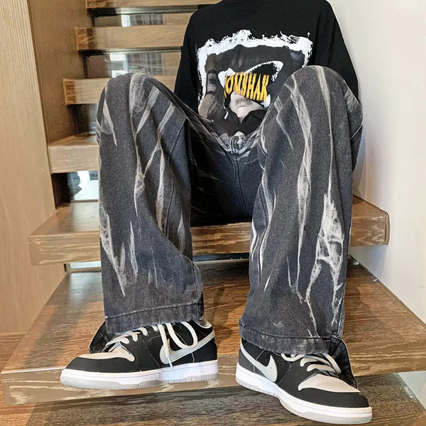 2023 autumn new fashion jeans men korean version loose straight trousers all match boutique clothing simple style ripped baggy denim