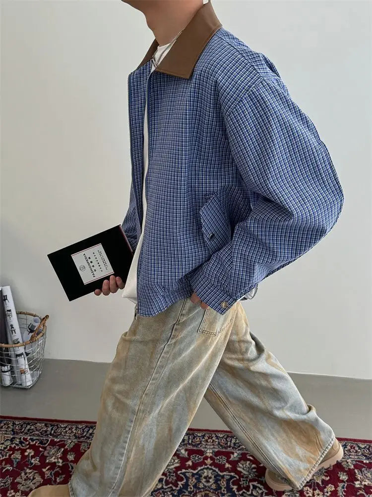 Fashionable Korean Style Personalized Plaid Short Jacket for Men 2024 Spring Autumn New High End Ins Stitching Leather Jacket