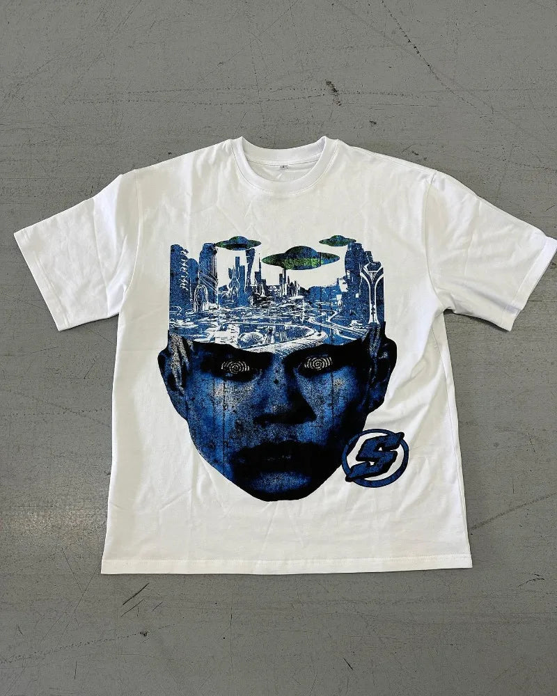 Vaporwave Chrome logo – Y2K Fashionable Gothic Punk Devil Pattern Printed T Shirt Me