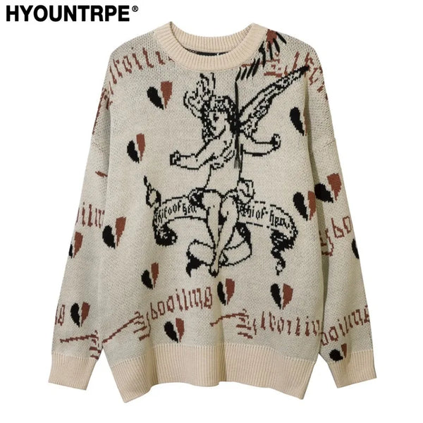 hip hop harajuku angle pattern knitted sweater unisex pullover streetwear winter casual loose mens sweater warm jumper knitwear - vintage look oversized hoodie, soft fleece-lined outerwear, urban fashion pullover